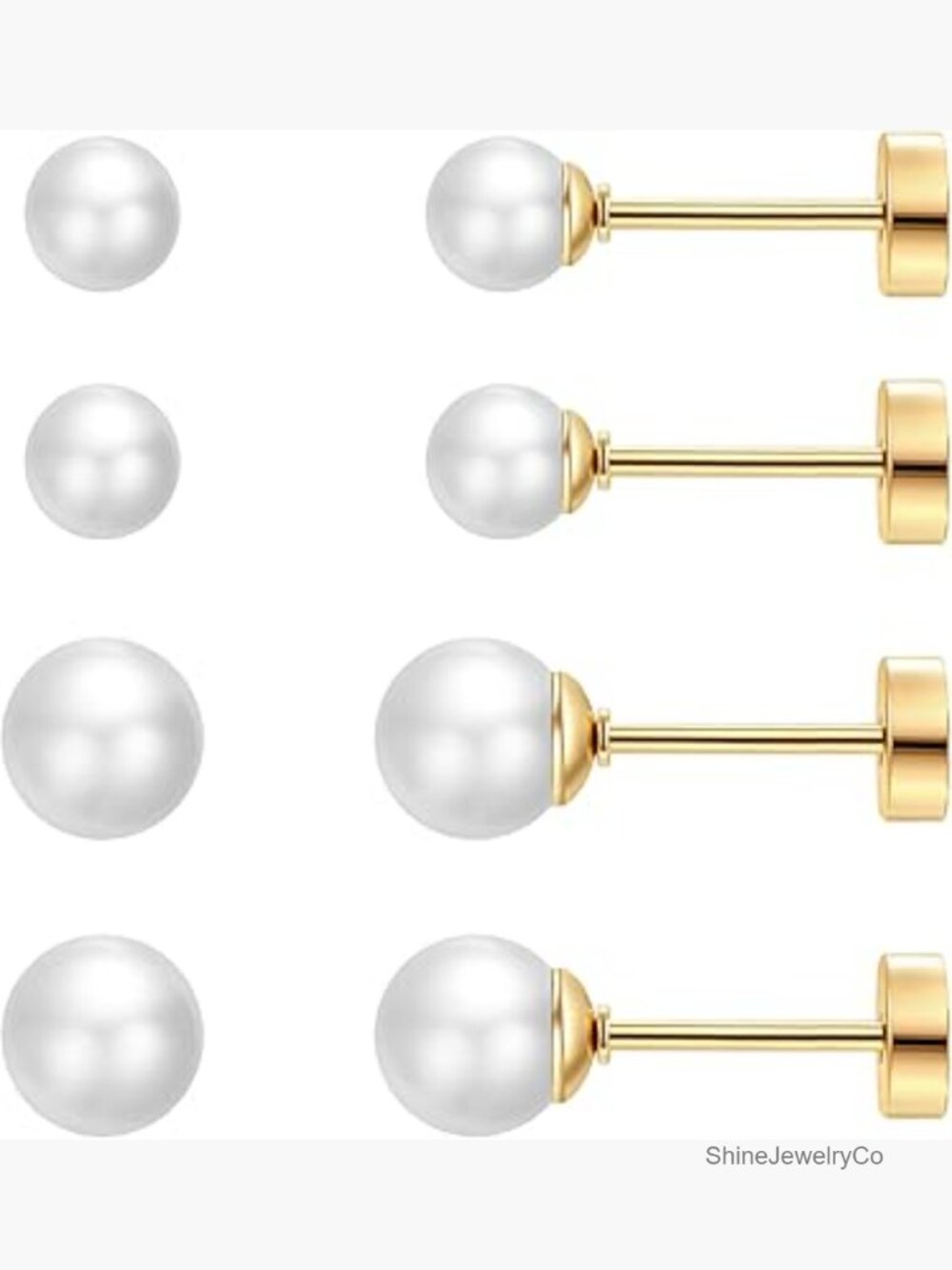 2 Pairs Pearl Stud Earrings Flat Back Hypoallergenic Screw Back Earrings for
